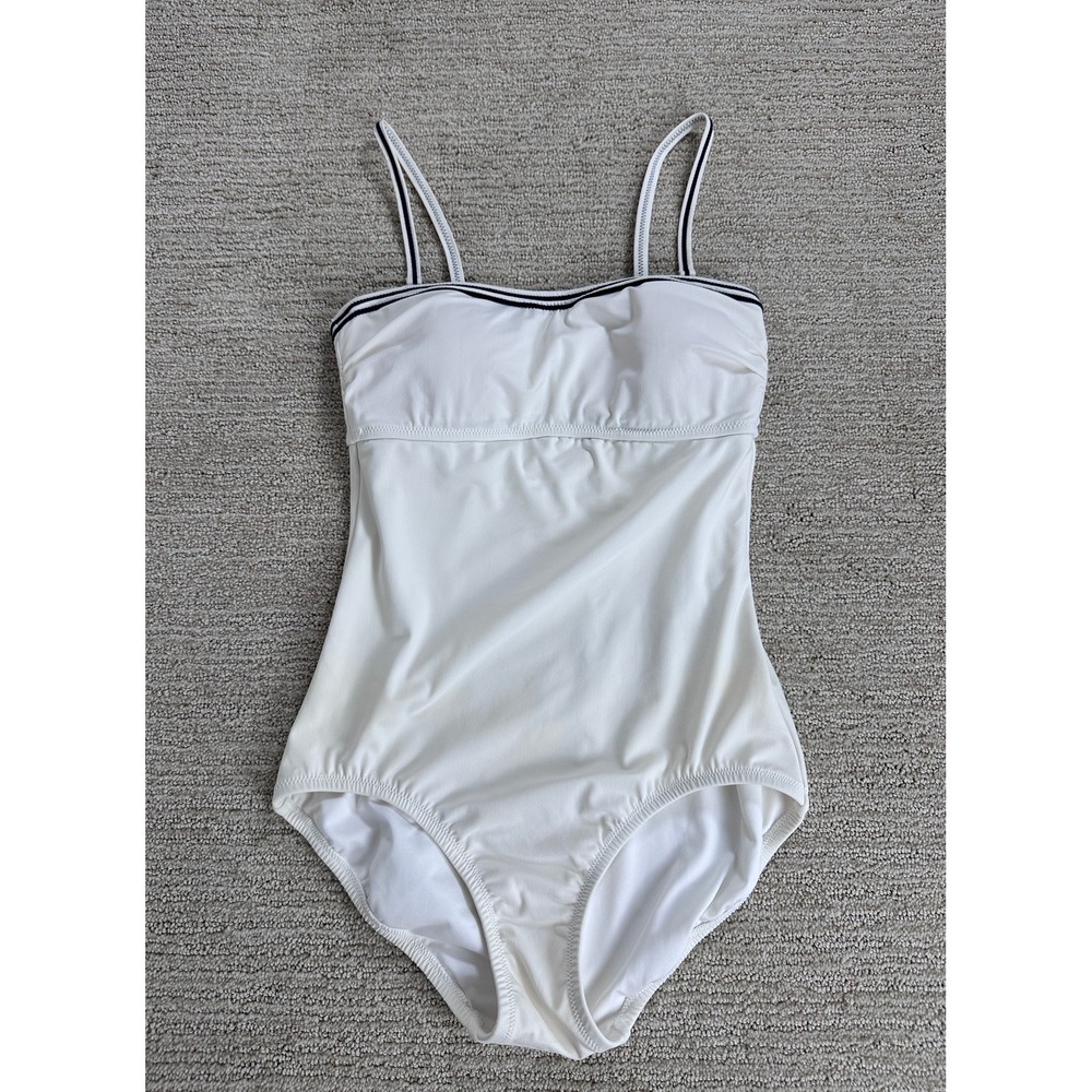 Lands‎ End Women's White One Piece Swimsuit Navy Striped Trim Size 4 Cutout Back